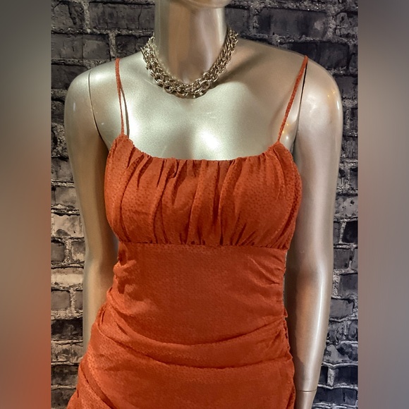 Rust Orange Burnout Velvet Ruched Mini Dress - Picture 6 of 11